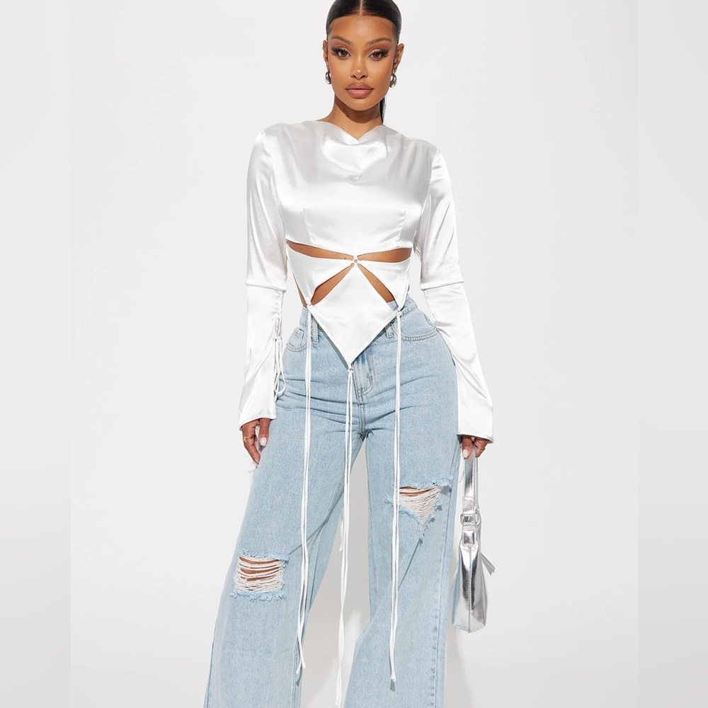 Fashion Nova White Satin Cut-Out Blouse